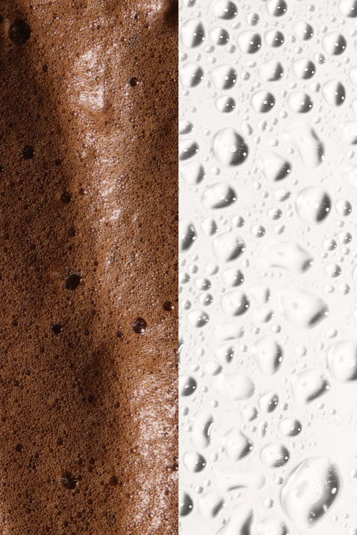Close-up of brown tanning mousse texture next to clear water droplets, representing the Self Tan Travel Kit essentials.