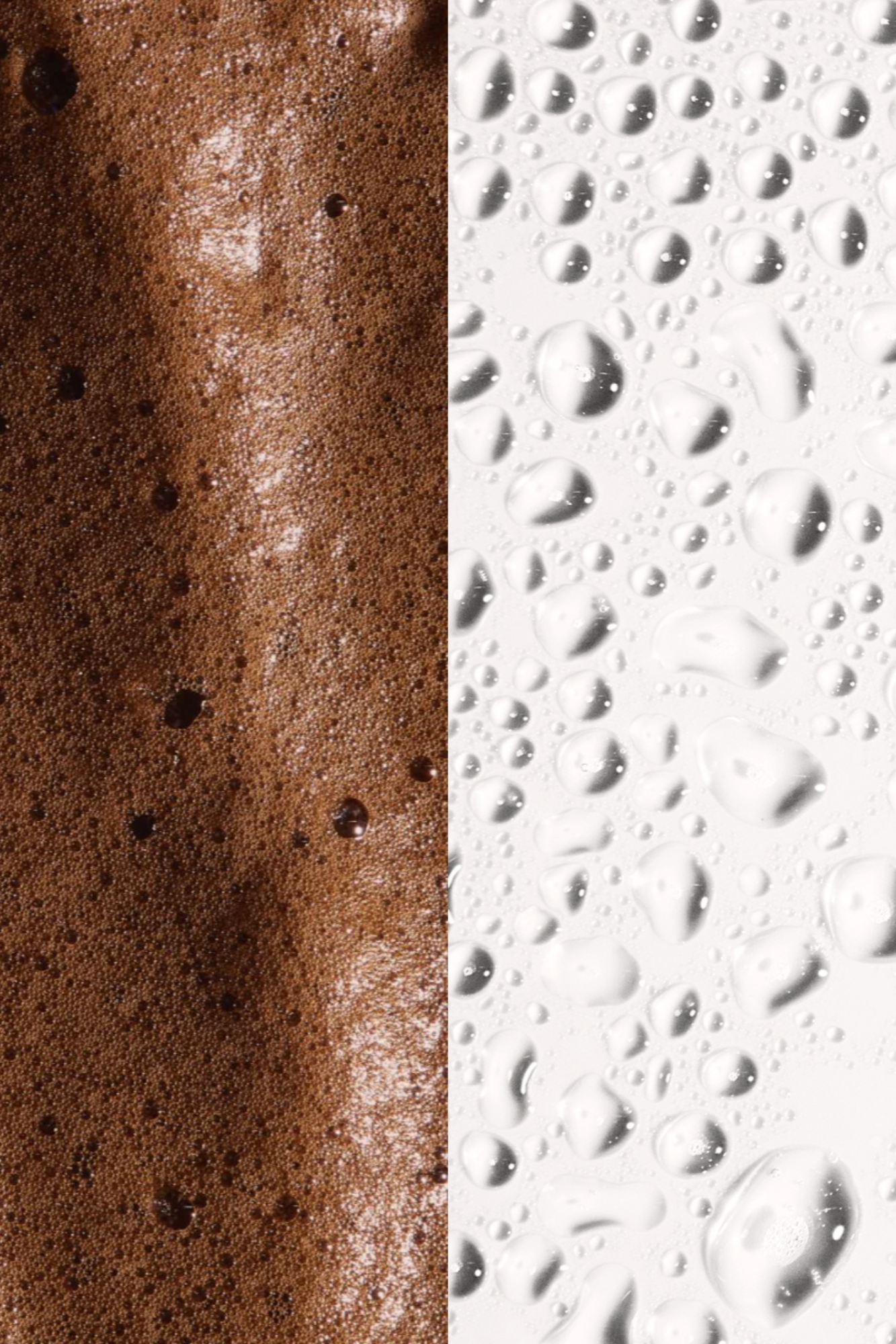 Close-up of brown tanning mousse texture next to clear water droplets, representing the Self Tan Travel Kit essentials.