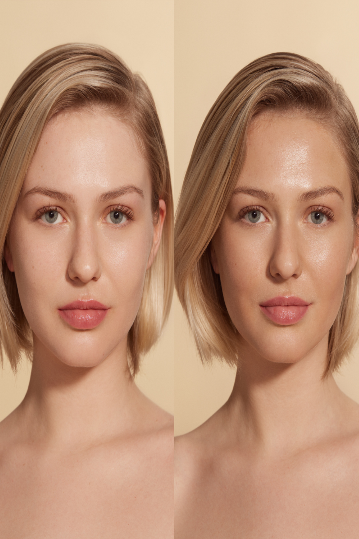 Before and after comparison of a woman using self-tanning lotion, highlighting a glowing tan transformation.