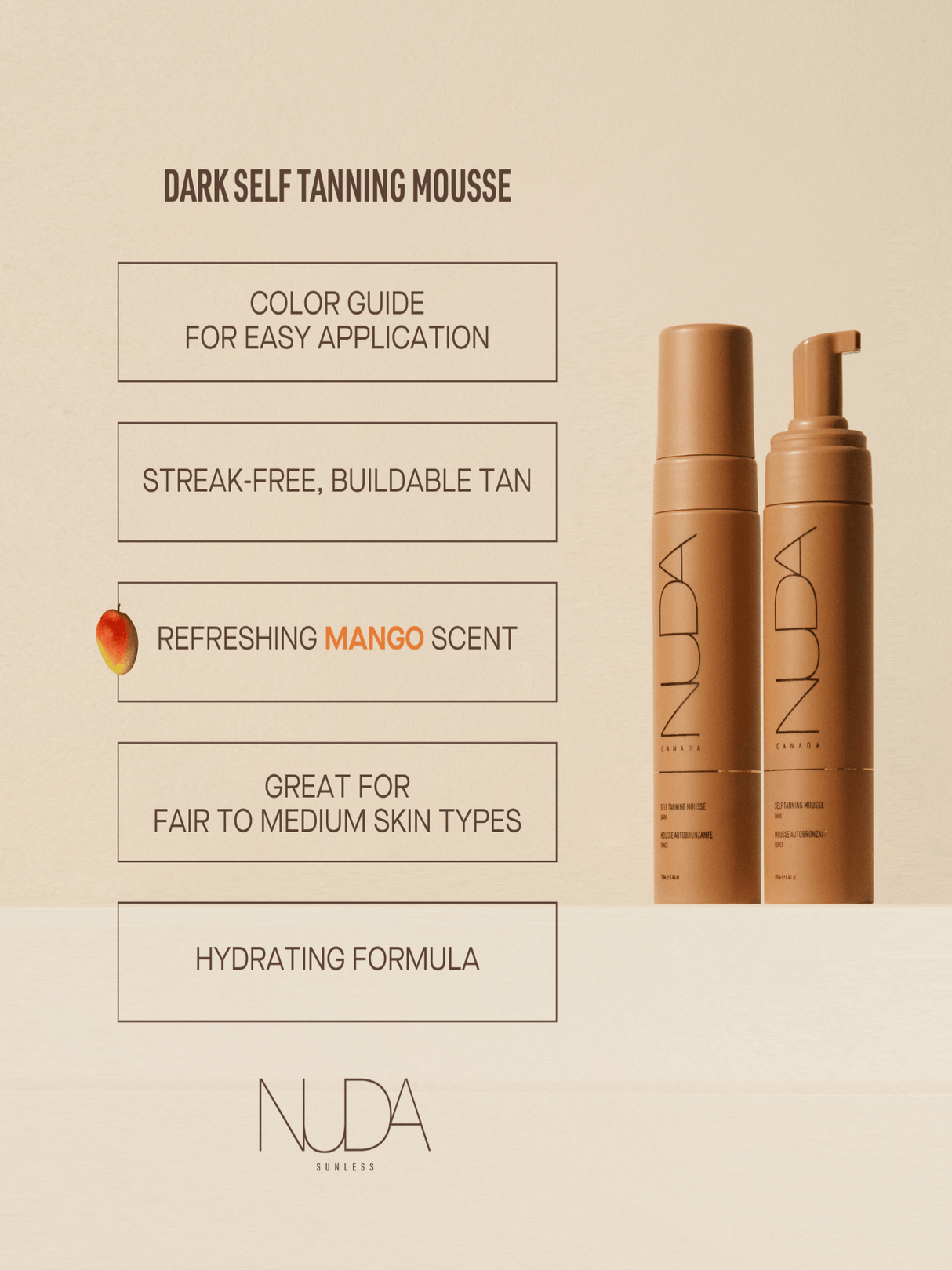 Dark Self Tanning Mousse with color guide, streak-free, refreshing mango scent, suitable for fair to medium skin, hydrating formula.