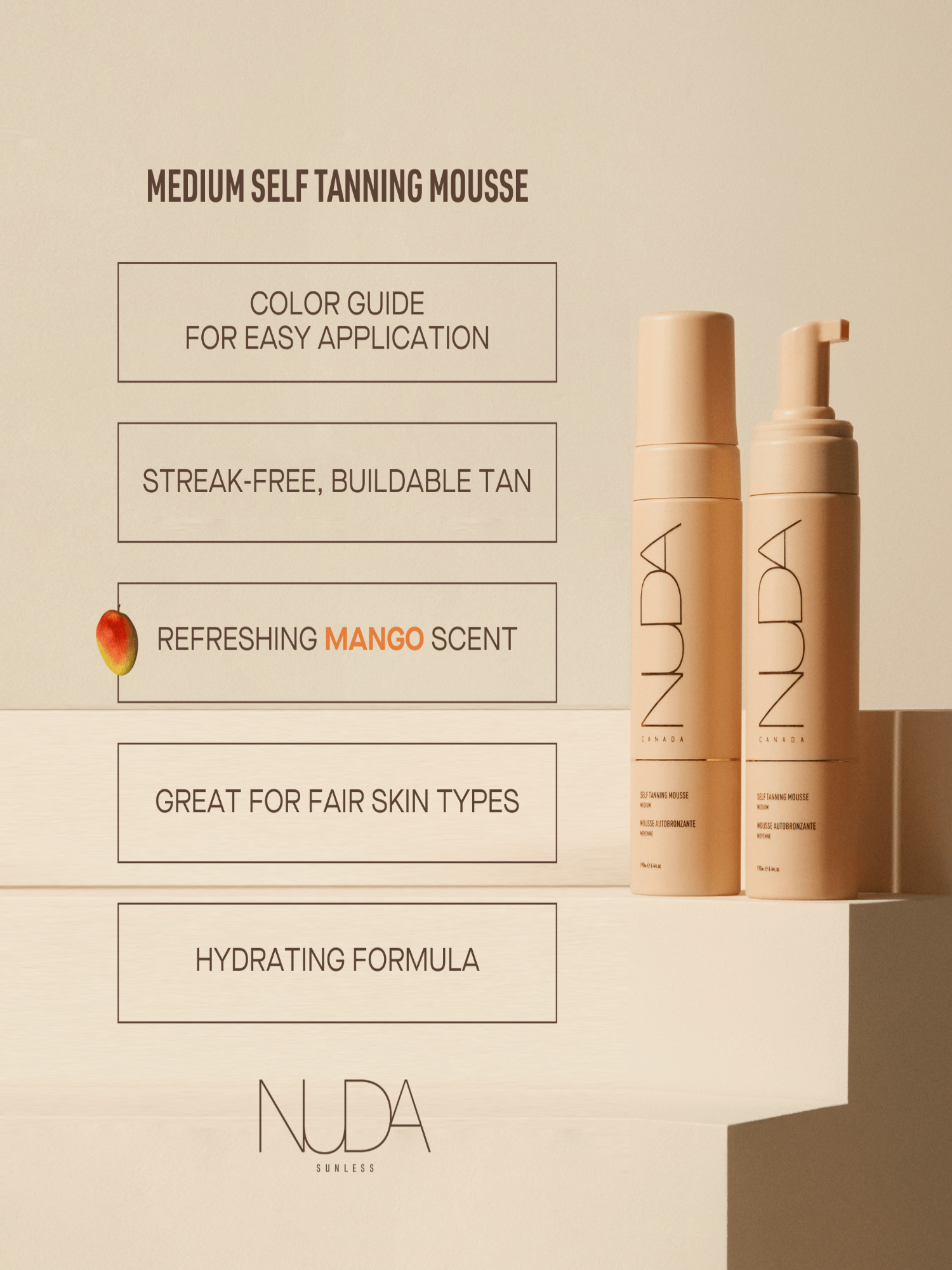 Self Tanning Mousse - Medium with mango scent, color guide, hydrating formula, streak-free tan, ideal for fair skin.