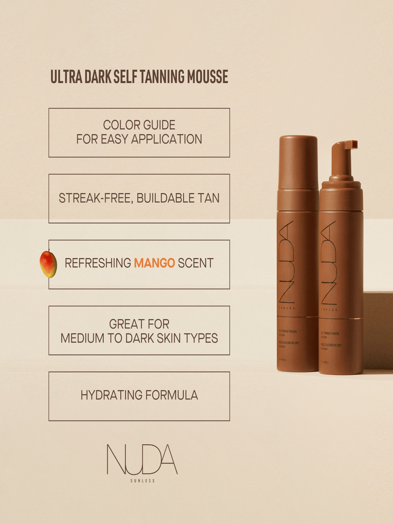 Nuda ultra dark self tanning mousse product with benefits including streak-free application, mango scent, and hydrating formula for dark skin.