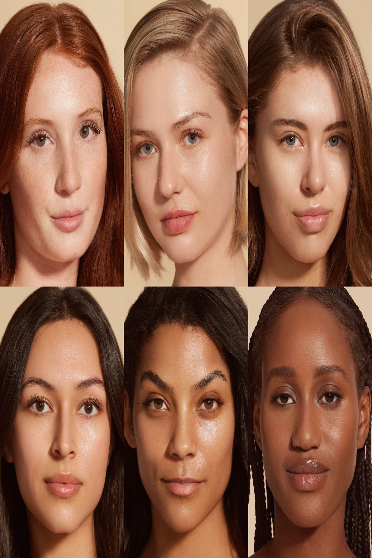 Portrait of six diverse women showcasing their unique skin tones and beauty against a neutral background.