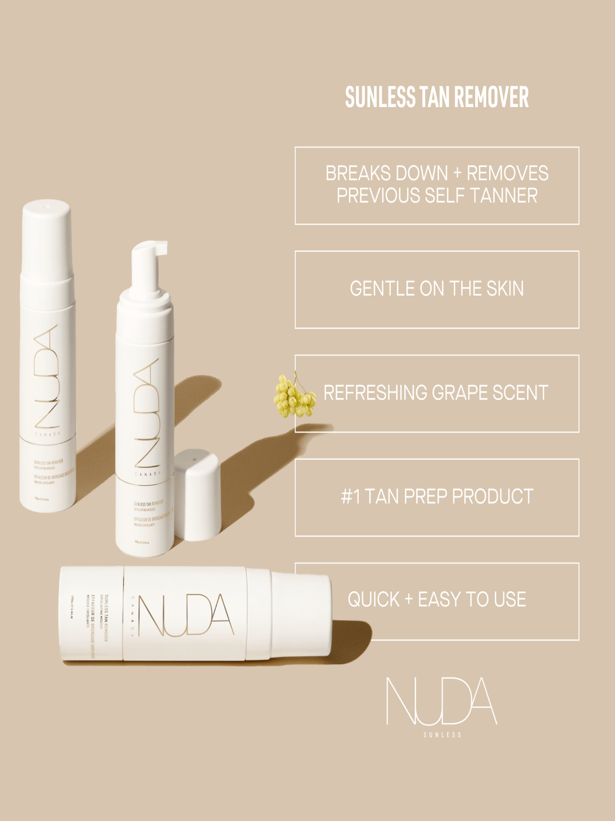 Sunless Tan Remover products with benefits: breaks down self-tanner, gentle, grape scent, top tan prep, easy to use. NUDA branding.