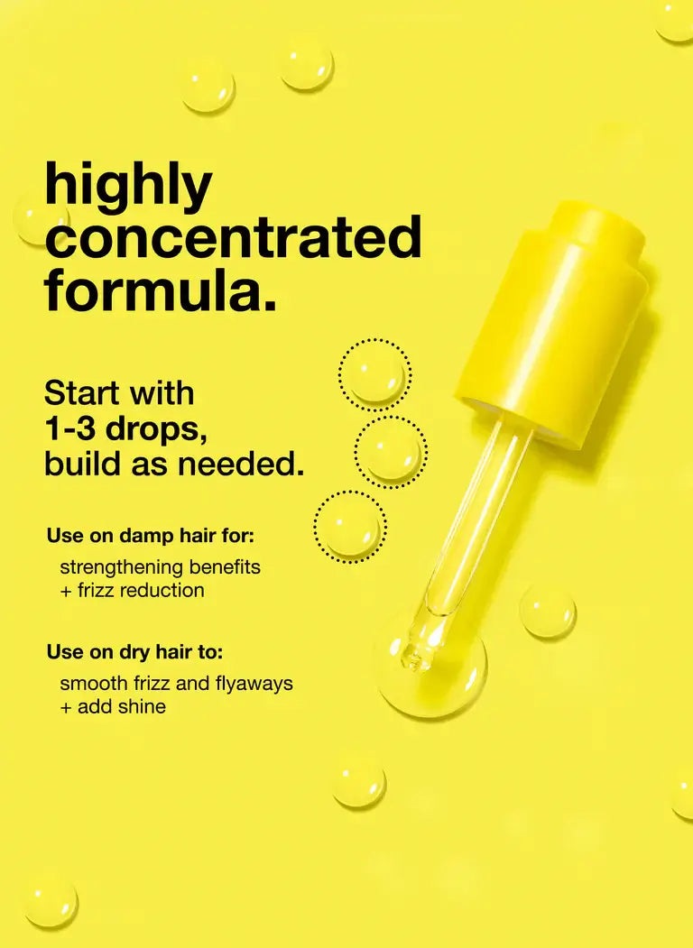 Yellow dropper bottle of Molecular Repair Hair Oil with benefits text, emphasizing frizz reduction and shine enhancement.