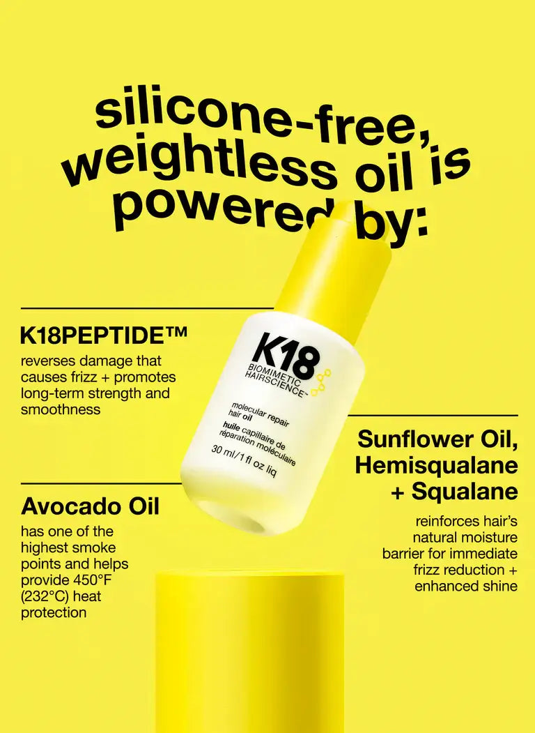 Molecular Repair Hair Oil bottle with K18PEPTIDE and natural oils for frizz control and shine enhancement, silicone-free formula.