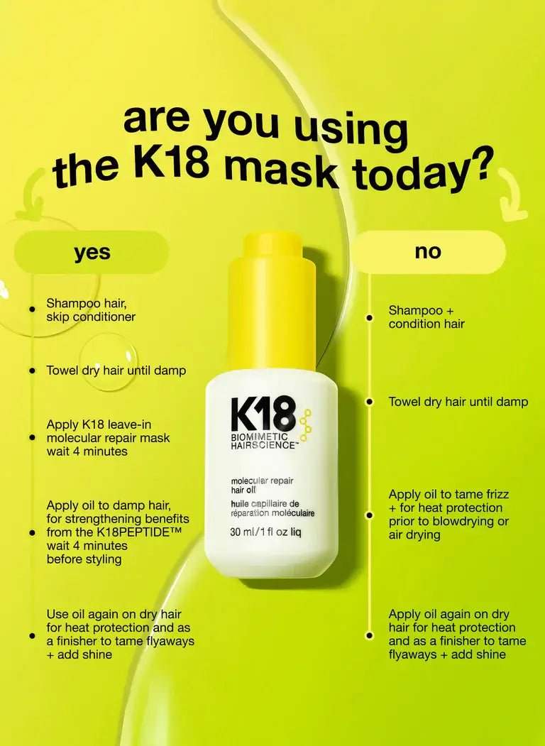 K18 Molecular Repair Hair Oil instructions for use with benefits like frizz control, shine enhancement, and split ends reduction.