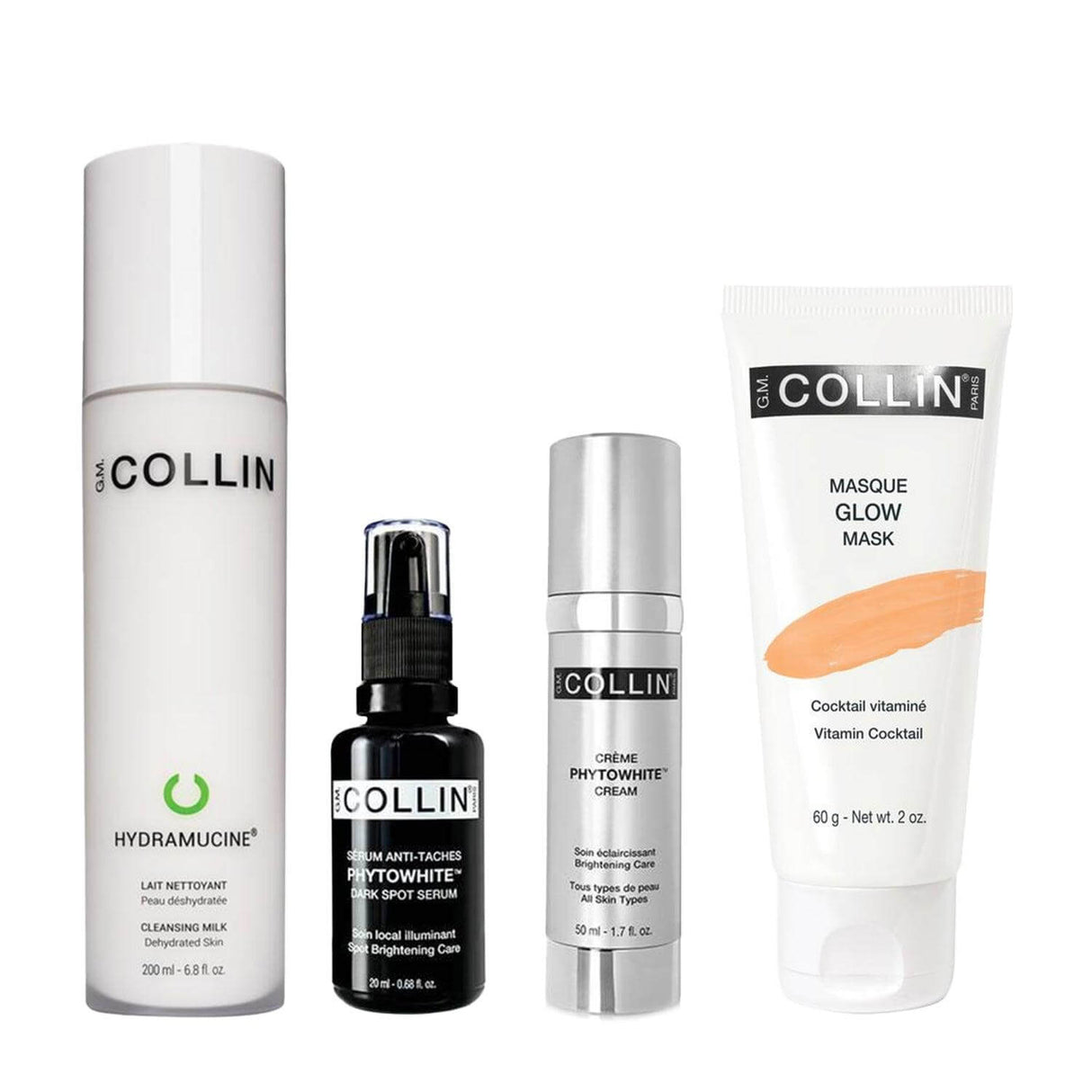 Pigment Control Bundle for Dry Skin with Hydramucine Cleanser, Phytowhite Serum, Phytowhite Cream, and Glow Mask.