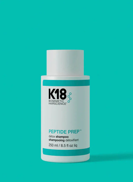 PEPTIDE PREP Detox Shampoo bottle with K18PEPTIDE™, color-safe clarifying shampoo for product buildup and scalp detoxification, 250ml.
