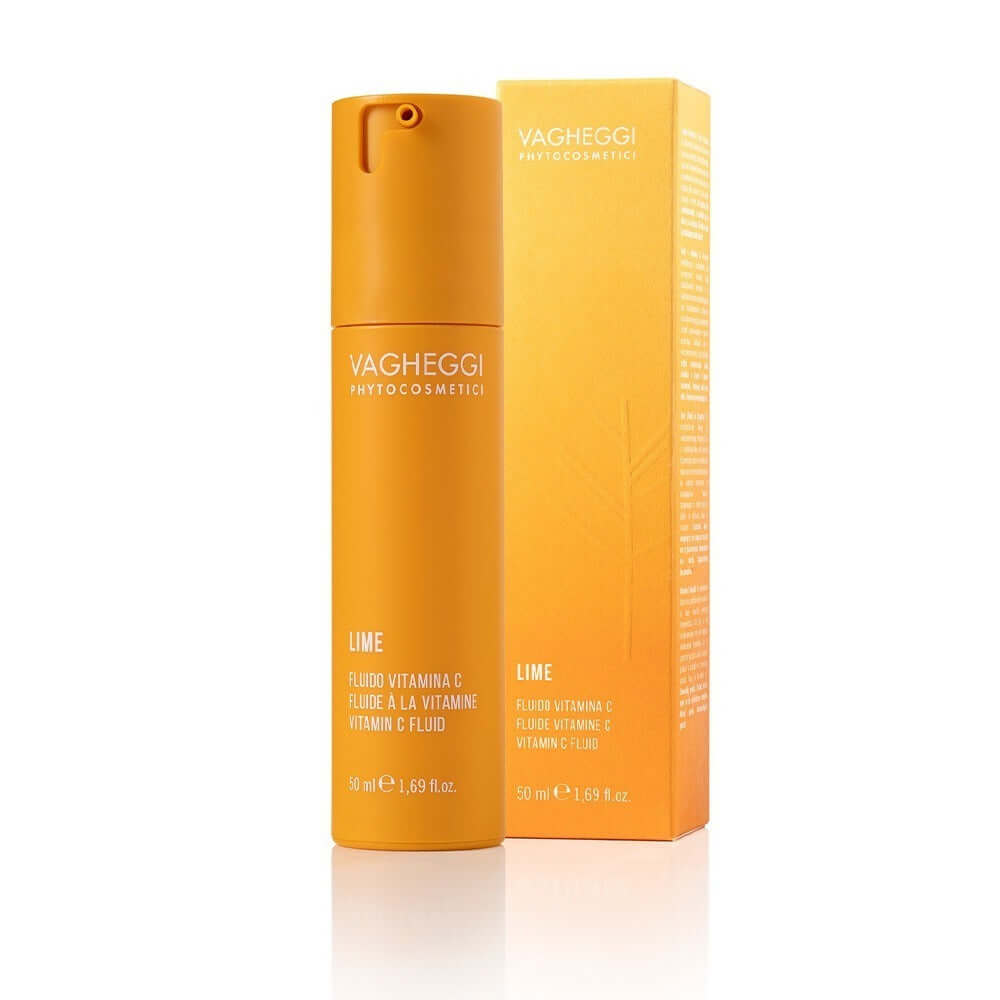 Lime Vitamin C Fluid with orange packaging for skin hydration and anti-aging benefits, 50ml bottle and box.