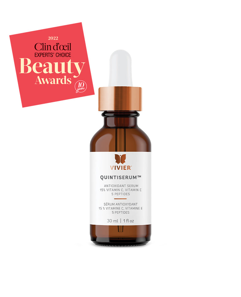Vivier QuintiSerum bottle with Clin d’Œil 2022 Beauty Award badge, featuring 15% Vitamin C and peptides for anti-aging.