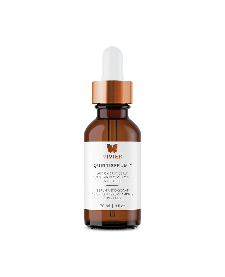 Vivier QuintiSerum™ antioxidant serum bottle with Vitamin C, E, and peptides for anti-aging and skin elasticity improvement.