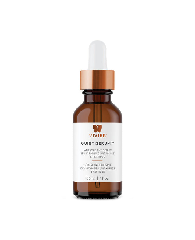 Vivier QuintiSerum™ antioxidant serum bottle with Vitamin C, E, and peptides for anti-aging and skin elasticity improvement.