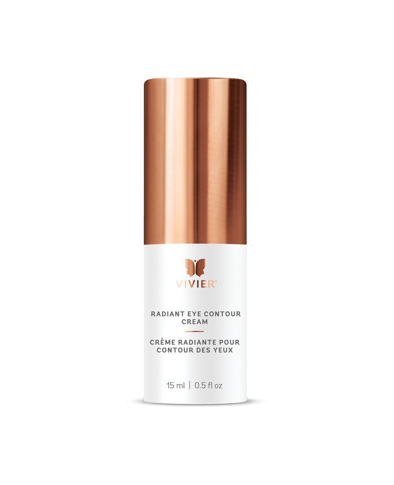 Vivier Radiant Eye Contour Cream bottle with copper cap, designed for hydrating and firming the sensitive eye area.