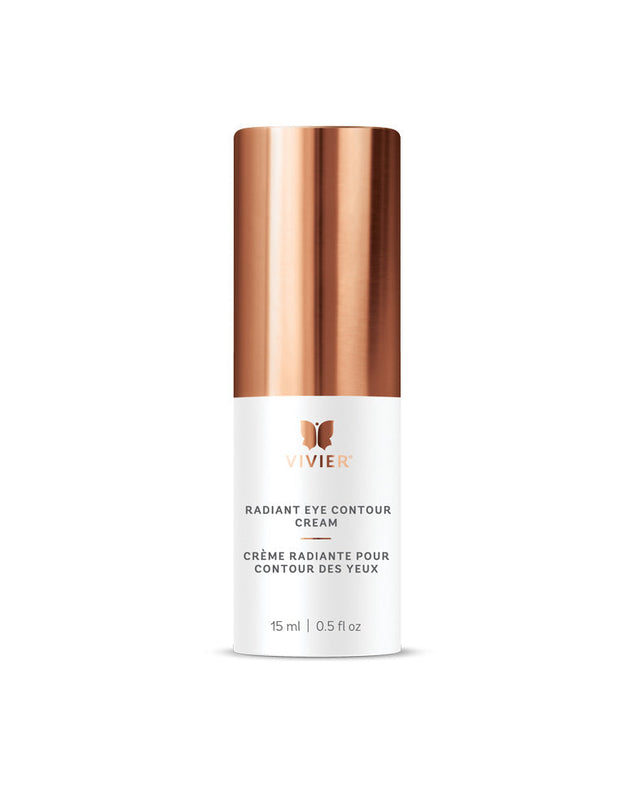 Vivier Radiant Eye Contour Cream bottle with copper cap, designed for hydrating and firming the sensitive eye area.