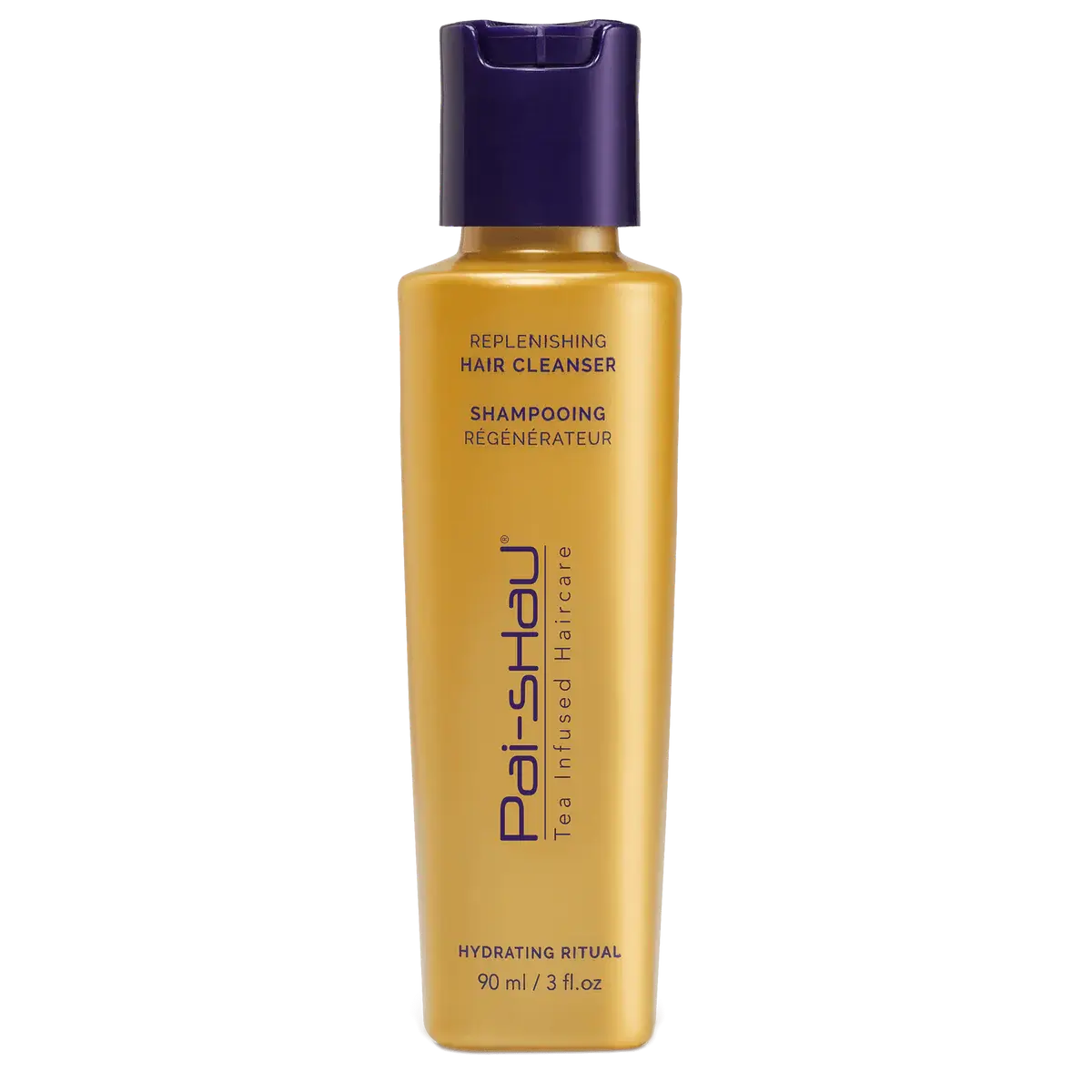 Pai-Shau Replenishing Hair Cleanser bottle, features amino acids and Tea Complex for hydration and shine, 90ml size.