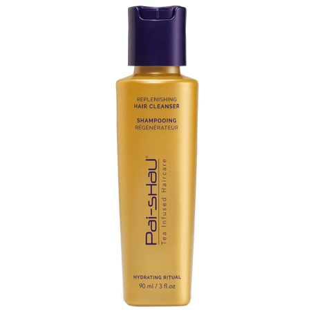 Pai-Shau Replenishing Hair Cleanser bottle, features amino acids and Tea Complex for hydration and shine, 90ml size.