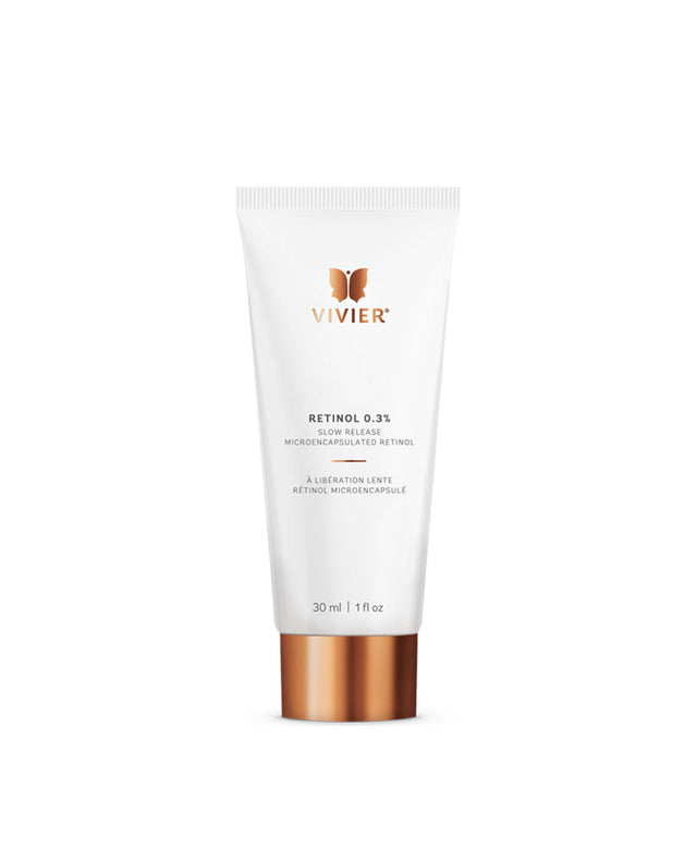 Vivier Retinol 0.3% cream with Poly-Pore Technology for improving skin texture and fine lines, enriched with Vitamins C and E.