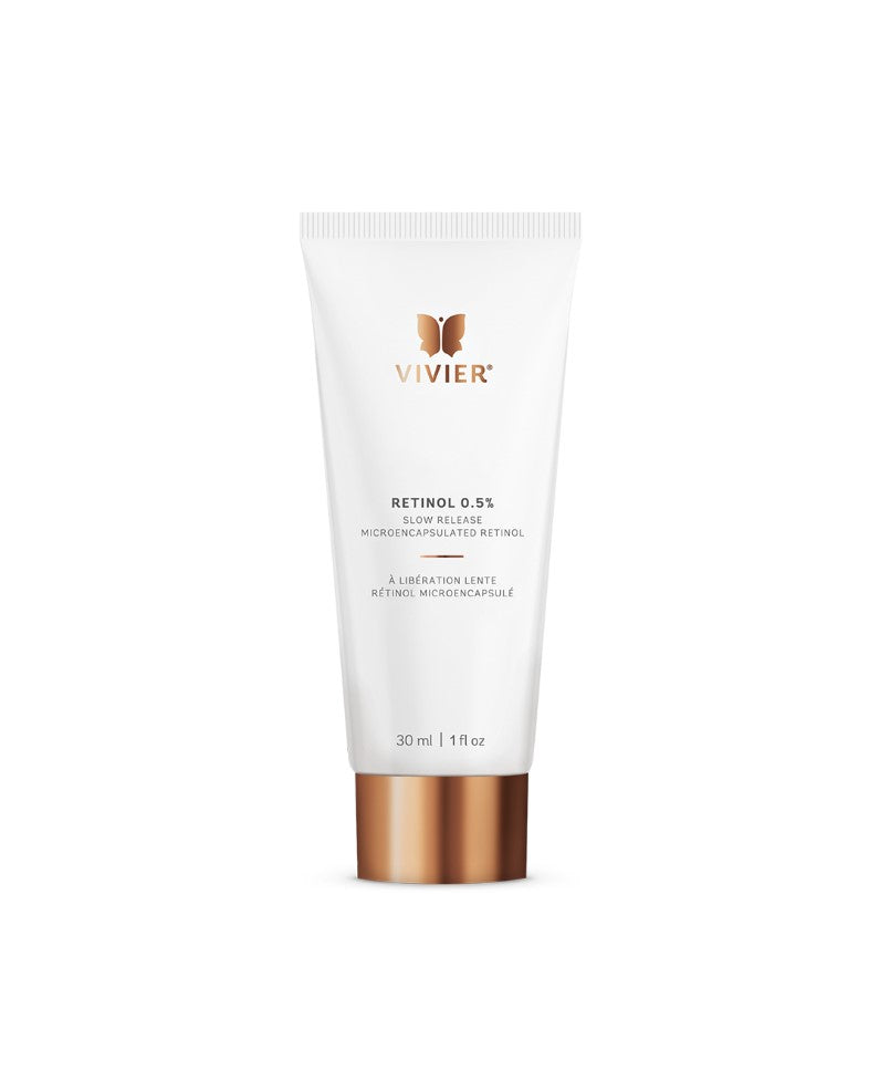 Vivier Retinol 0.5% Cream for anti-aging, improves skin texture, minimizes fine lines, hydrates with peptides and antioxidants. 30 ml tube.