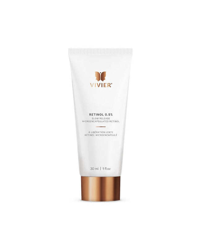 Vivier Retinol 0.5% Cream for anti-aging, improves skin texture, minimizes fine lines, hydrates with peptides and antioxidants. 30 ml tube.