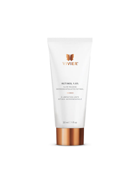 Vivier Retinol 1.0% skincare product tube with encapsulated retinol for reducing wrinkles and improving skin texture.