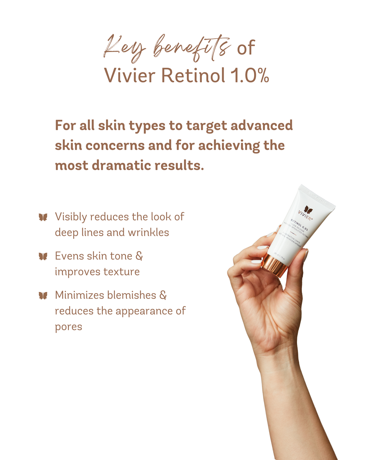 Hand holding Vivier Retinol 1.0% tube, highlights key benefits: reduces wrinkles, evens skin tone, minimizes blemishes and pores.