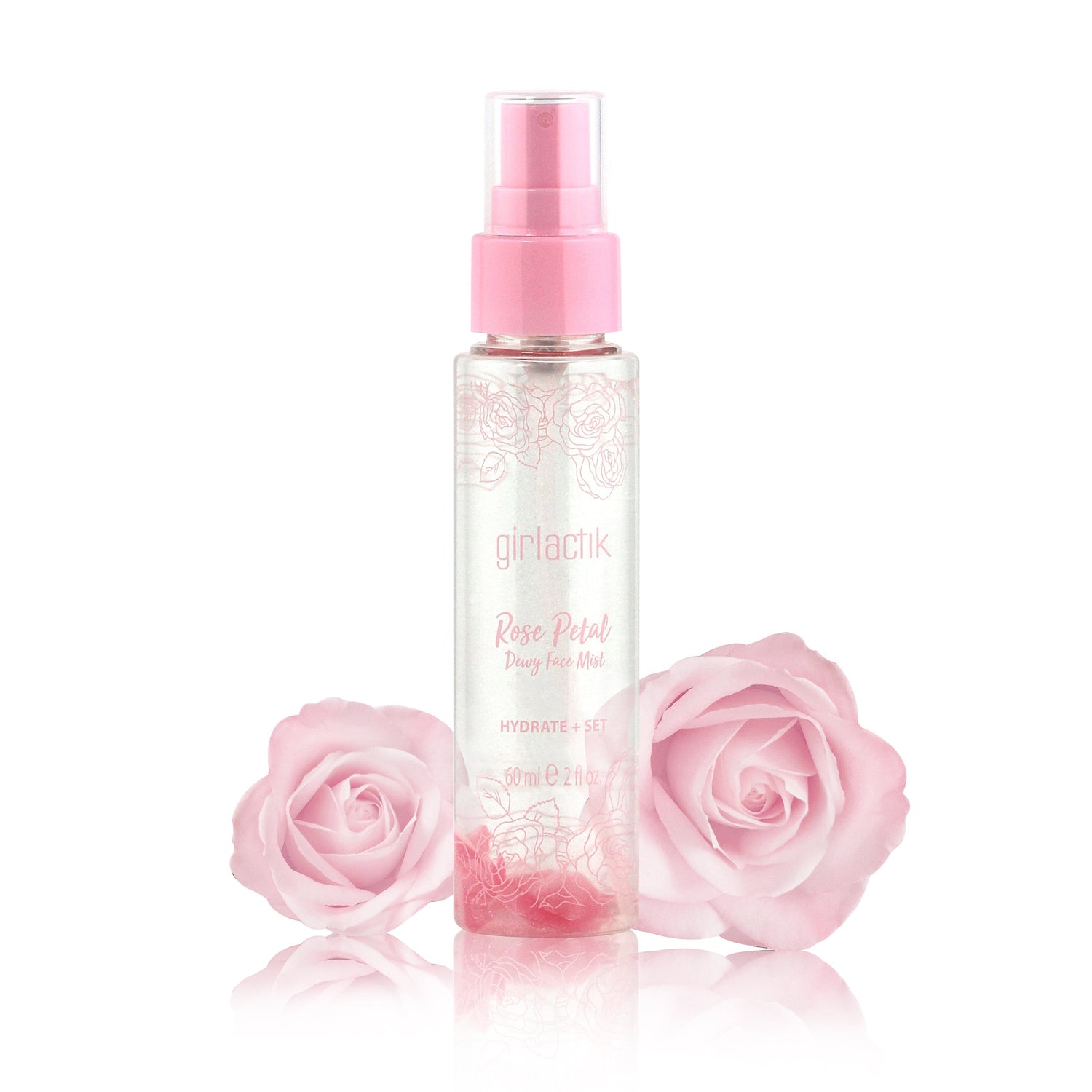 Rose Petal Dewy Face Mist bottle with pink roses, infused with Sodium Hyaluronate and Rosewater Extract, for a dewy skin finish.