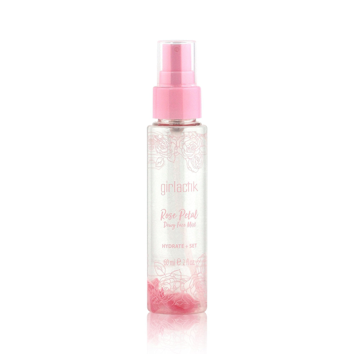 Rose Petal Dewy Face Mist bottle, 100ml, with pink cap and floral design, by Girlactik, for hydrating and dewy finish, size 100ml.