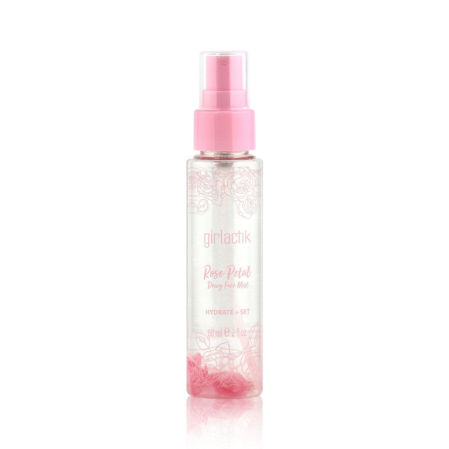 Rose Petal Dewy Face Mist bottle, 100ml, with pink cap and floral design, by Girlactik, for hydrating and dewy finish, size 100ml.