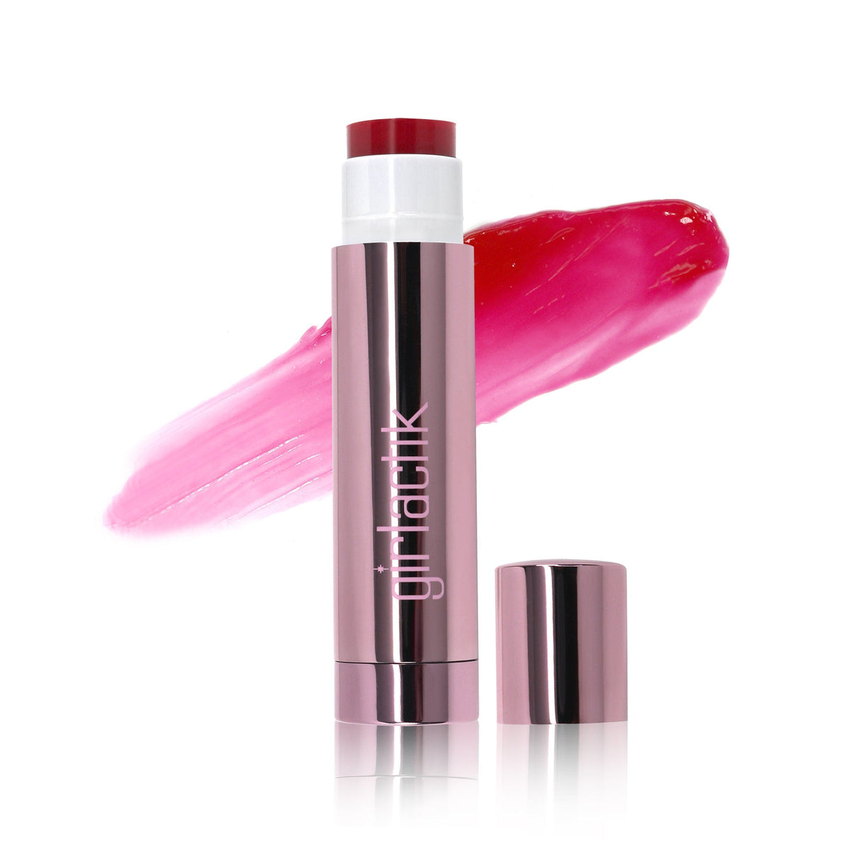 Girlactik Jello Gloss Balm with nourishing ingredients and pink lemonade scent, showing glossy non-sticky pink shade application.
