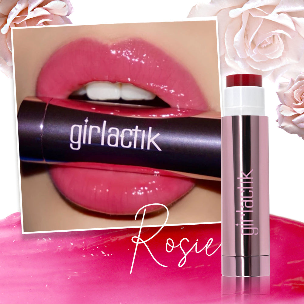 Girlactik Jello Gloss Balm in Rosie shade, showcasing glossy pink lips with nourishing avocado and apricot oils.
