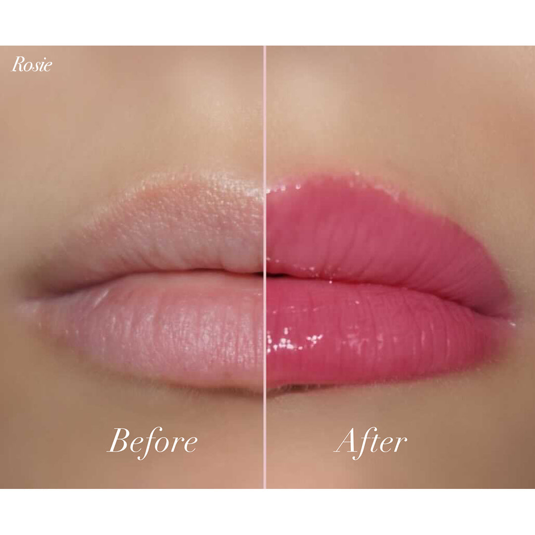 Before and after using Jello Gloss Balm, showing lips with natural and vibrant pink glossy finish highlighting moisture.