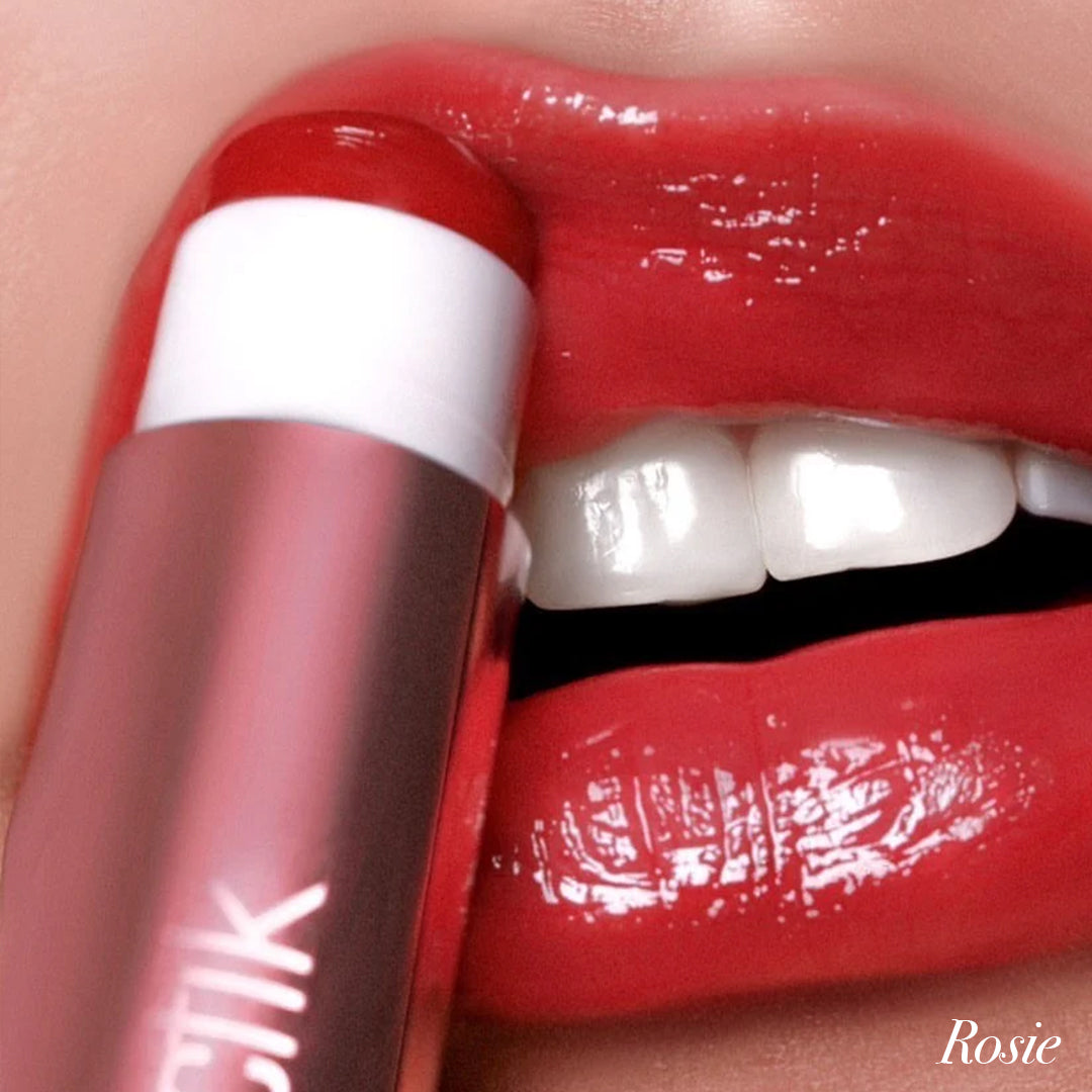 Lip application of Girlactik Jello Gloss Balm in rosy shade, highlighting glossy finish and smooth texture for vibrant lips.