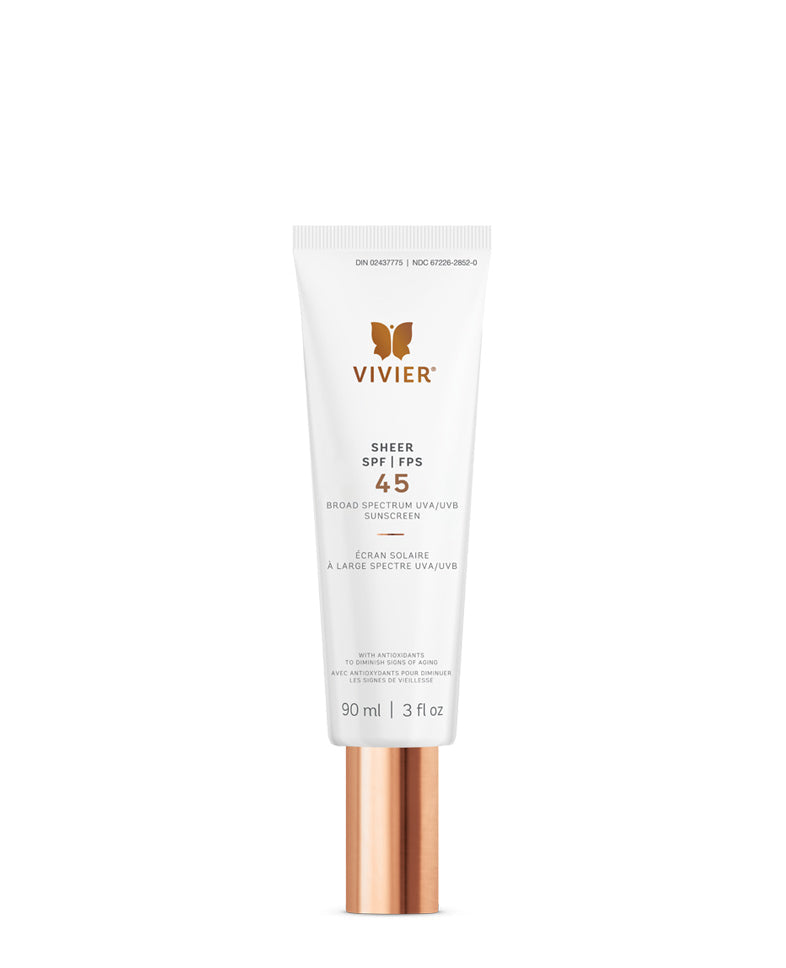 Vivier SHEER SPF 45 lightweight sunscreen tube with matte finish, UVA/UVB protection, and Vitamin E for all skin types.