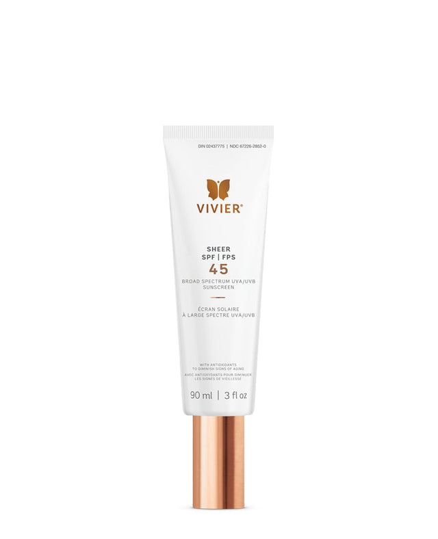 Vivier SHEER SPF 45 lightweight sunscreen tube with matte finish, UVA/UVB protection, and Vitamin E for all skin types.