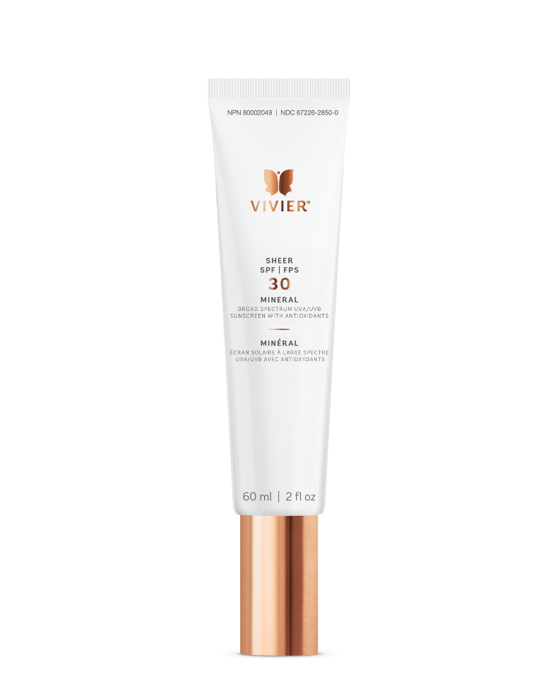 Vivier SHEER SPF 30 Mineral sunscreen tube, mineral-based UVA/UVB protection with Vitamins C and E, hydrating and non-greasy formula.