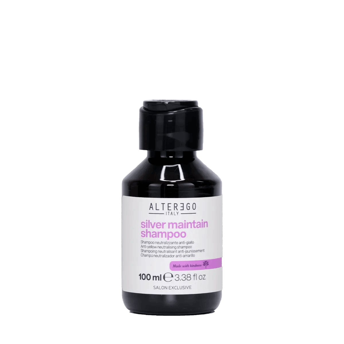 Alt Tag: Silver Maintain Shampoo bottle for neutralizing yellow tones, enhancing shine, sulfate-free, 100ml