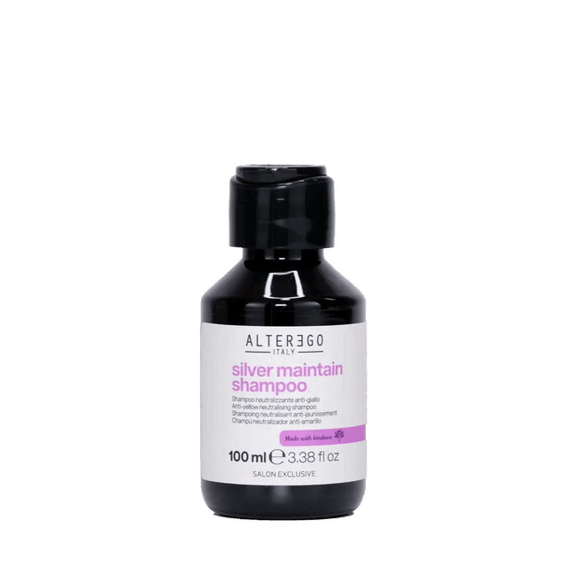 Alt Tag: Silver Maintain Shampoo bottle for neutralizing yellow tones, enhancing shine, sulfate-free, 100ml