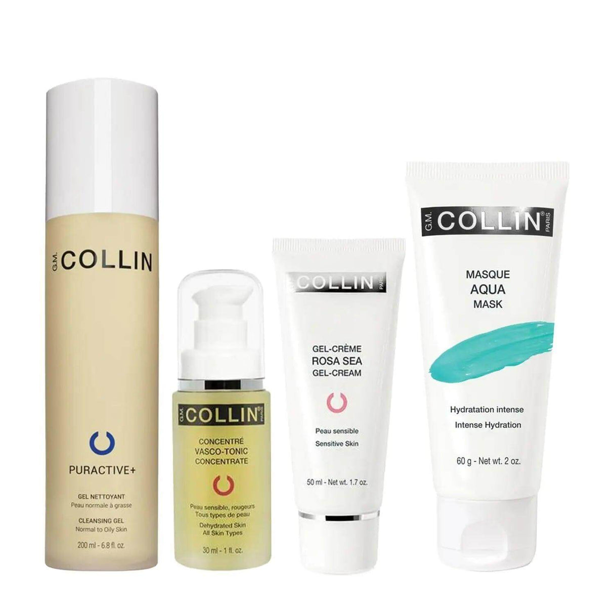 Soothing skincare bundle for normal/combination skin with cleanser, serum, moisturizer, and mask for hydration and care.
