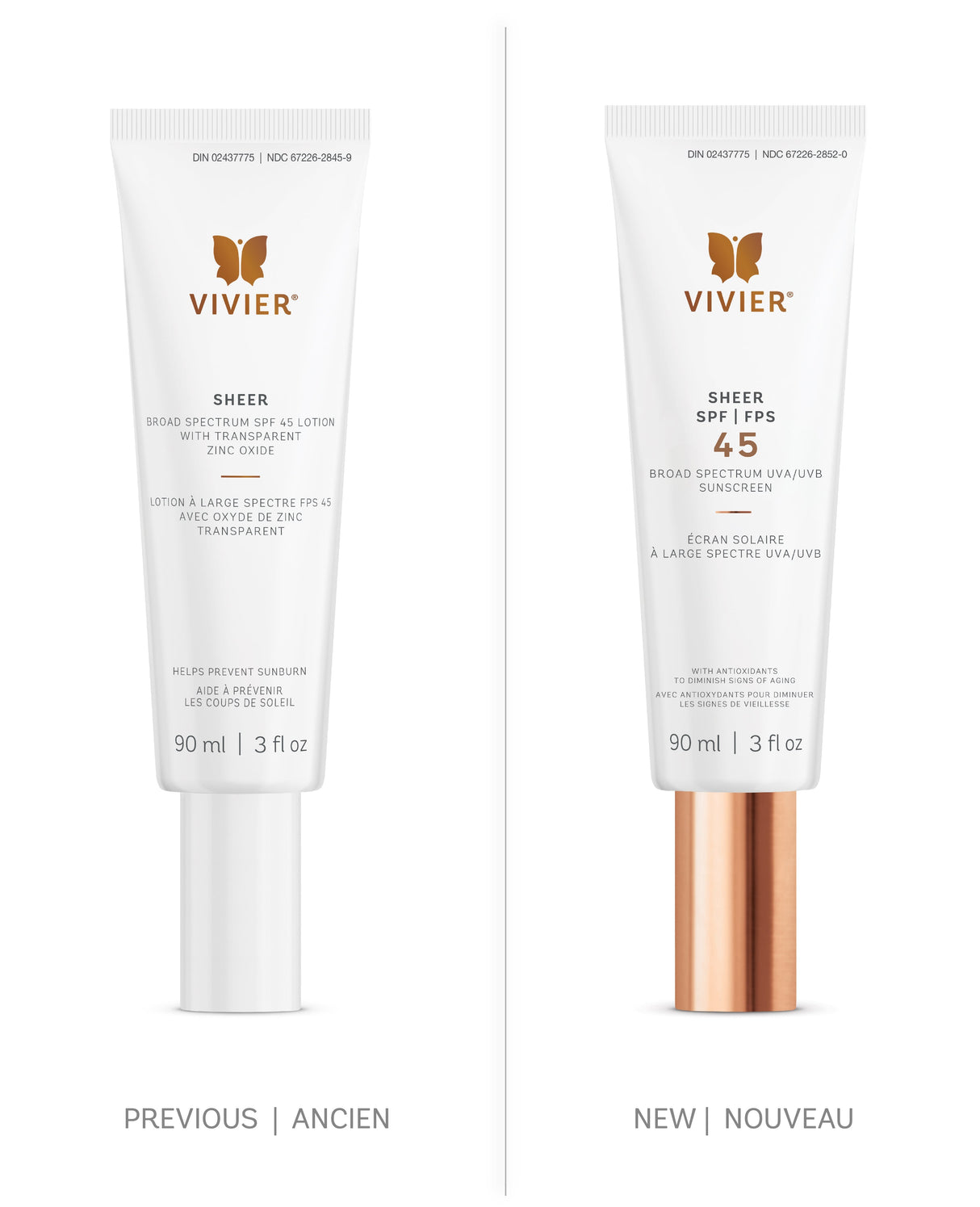 Vivier Sheer SPF 45 sunscreen with matte finish, infused with Vitamin E and silica, perfect for all skin types.
