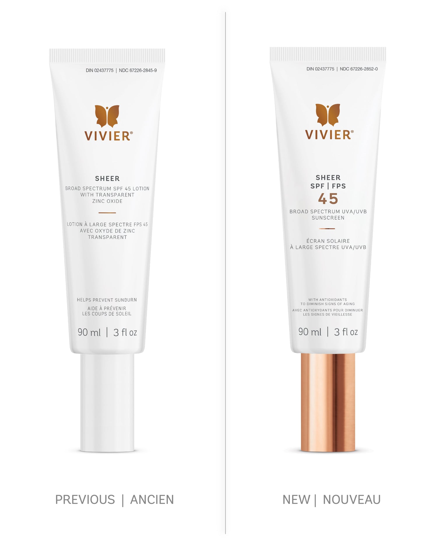 Vivier Sheer SPF 45 sunscreen with matte finish, infused with Vitamin E and silica, perfect for all skin types.