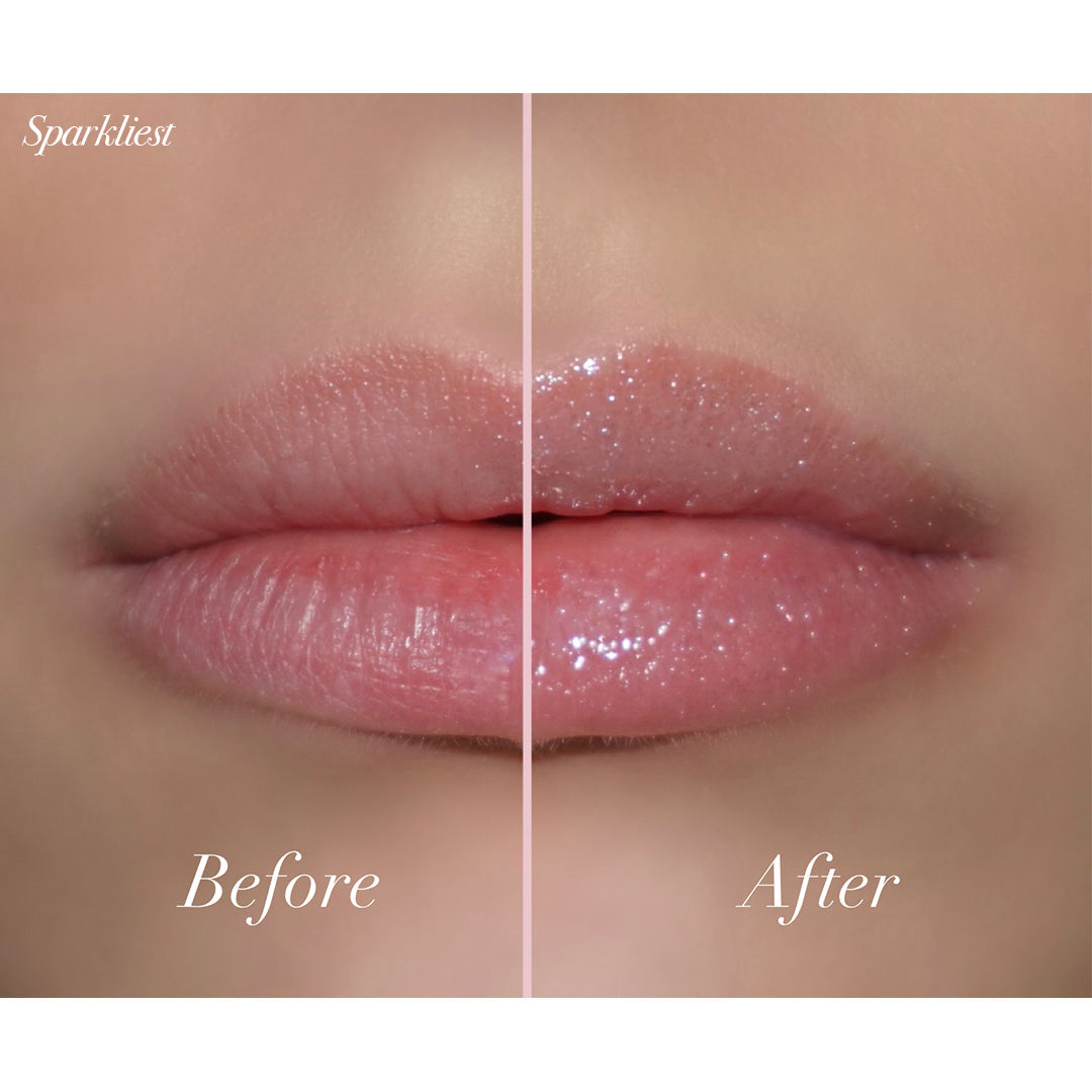 Before and after application of Girlactik Jello Gloss Balm showing enhanced glossy and hydrated lips.