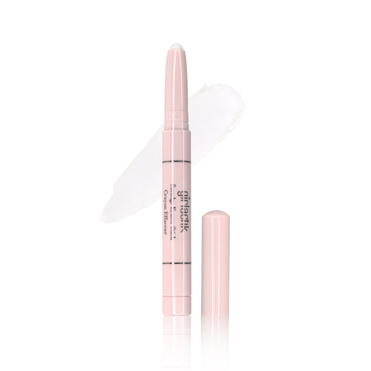 Smudge Eraser Stick with cap off, showcasing an invisible clear tip for easy mascara and eyeliner smudge correction.