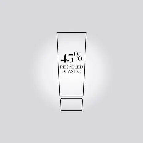 Illustration of a tube emphasizing 45% recycled plastic usage.