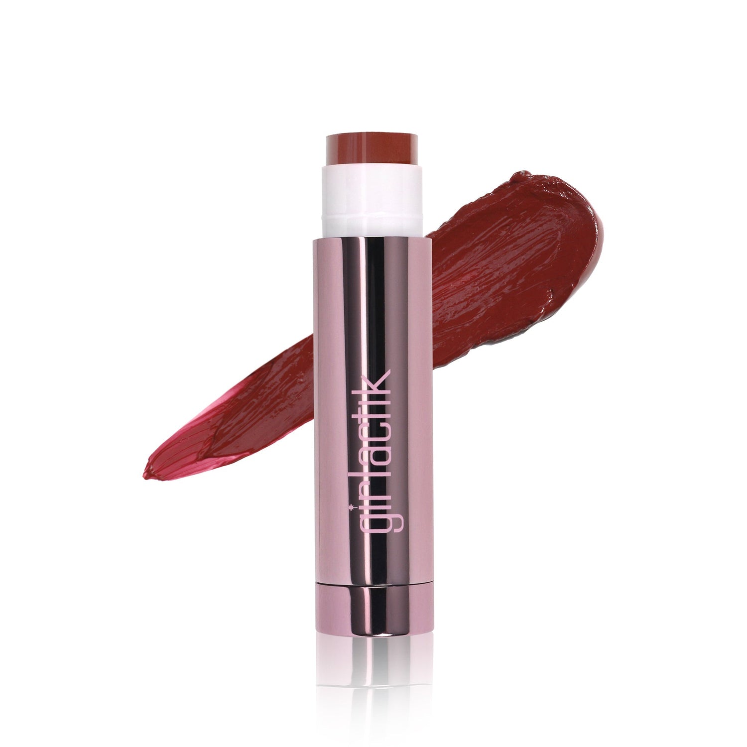 Girlactik Jello Gloss Balm with rich red shade and sleek packaging, enriched with Vitamin E, Avocado Oil, and a pink lemonade scent.