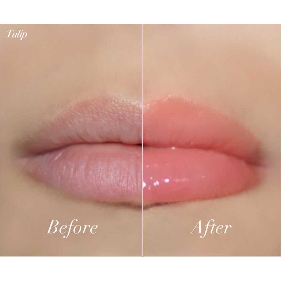 Lip comparison showing before and after using Jello Gloss Balm in Tulip shade.