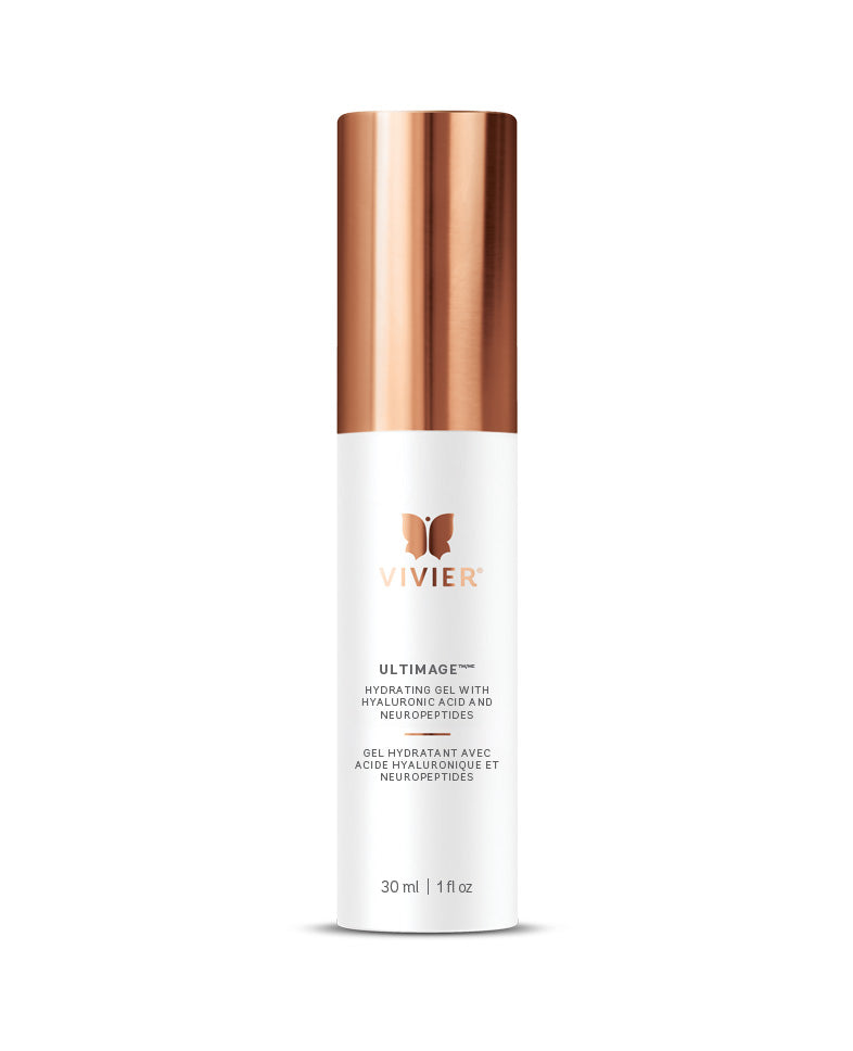 Vivier Ultimage Hyaluronic Acid and Neuropeptides Gel for wrinkle reduction and hydration, suitable for all skin types.