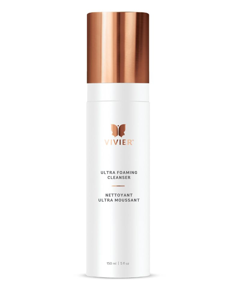 Alt Tag: Vivier Ultra Foaming Cleanser bottle, enriched with Vitamin C, Citric Acid, and Glycerin for brightening and hydrating skin care.