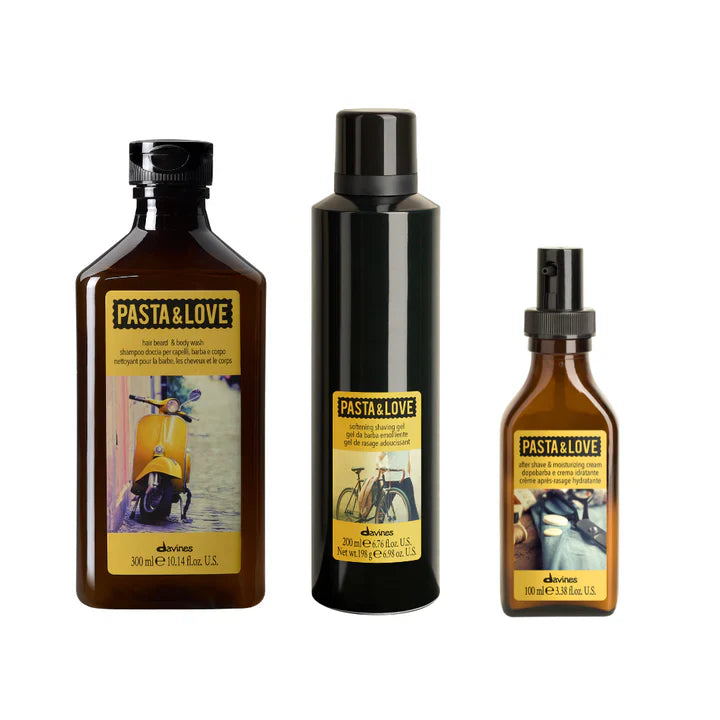 Alt Tag: Pasta Love Gift Set by Davines including Hair & Body Wash, Shaving Gel, and After Shave for complete grooming.