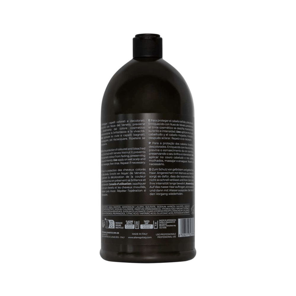 750ml bottle of Color Care Shampoo shown from the back, emphasizing gentle cleansing, color protection, and organic Argan oil benefits.